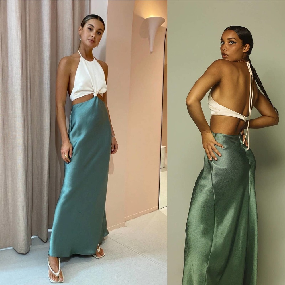 BEC + BRIDGE Carrie Halter Maxi Cutout Satin Dress in Multi Green US Size 2